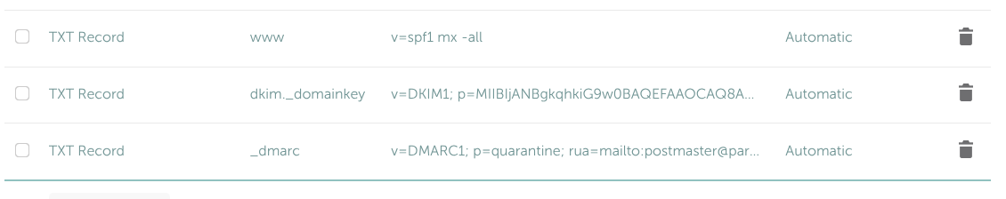 SPF / DKIM / DMARC TXT records in DNS Table